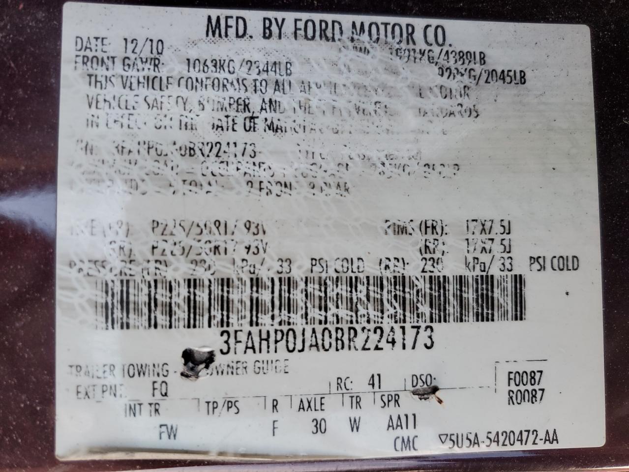 2011 Ford Fusion Sel VIN: 3FAHP0JA0BR224173 Lot: 91278905