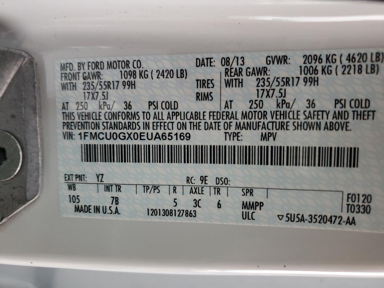 2014 Ford Escape Se VIN: 1FMCU0GX0EUA65169 Lot: 93023915