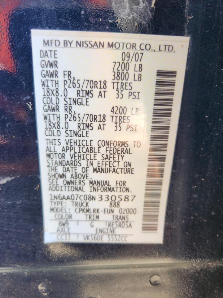 2008 Nissan Titan Xe VIN: 1N6AA07C08N330587 Lot: 92640565
