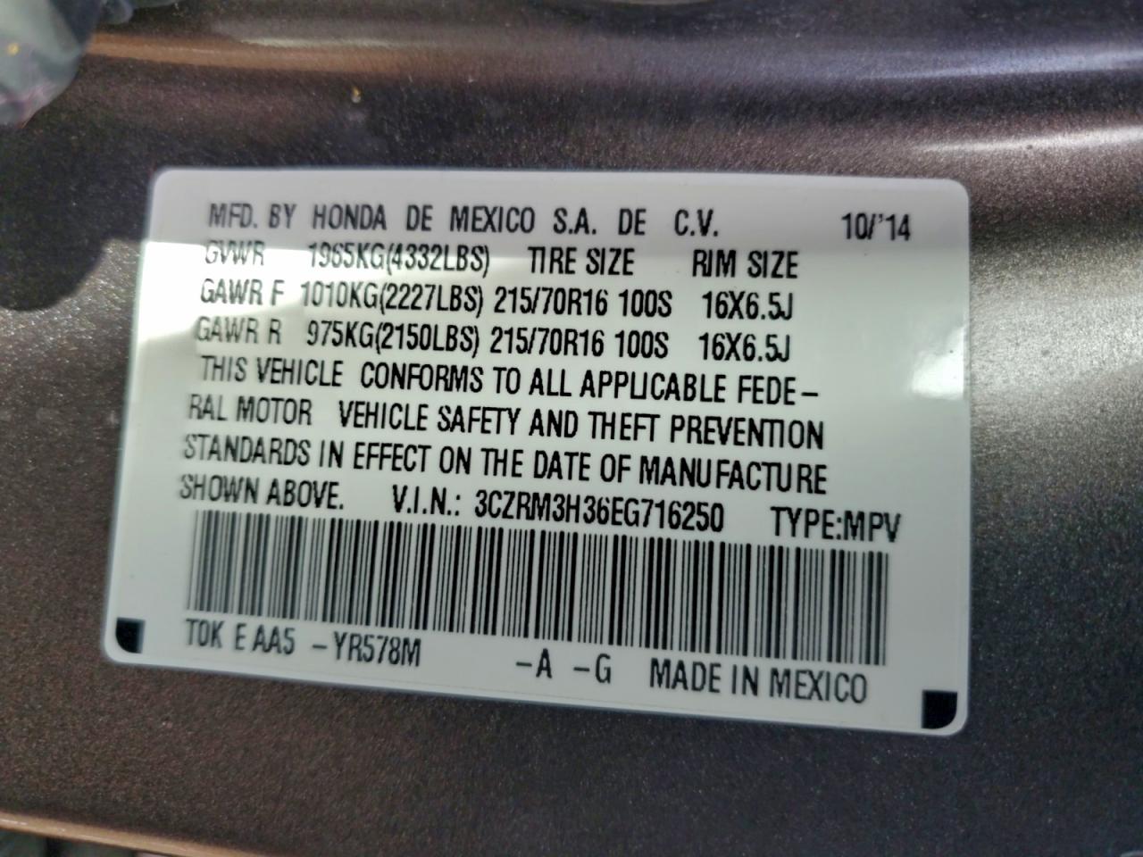 2014 Honda Cr-V Lx VIN: 3CZRM3H36EG716250 Lot: 93834185