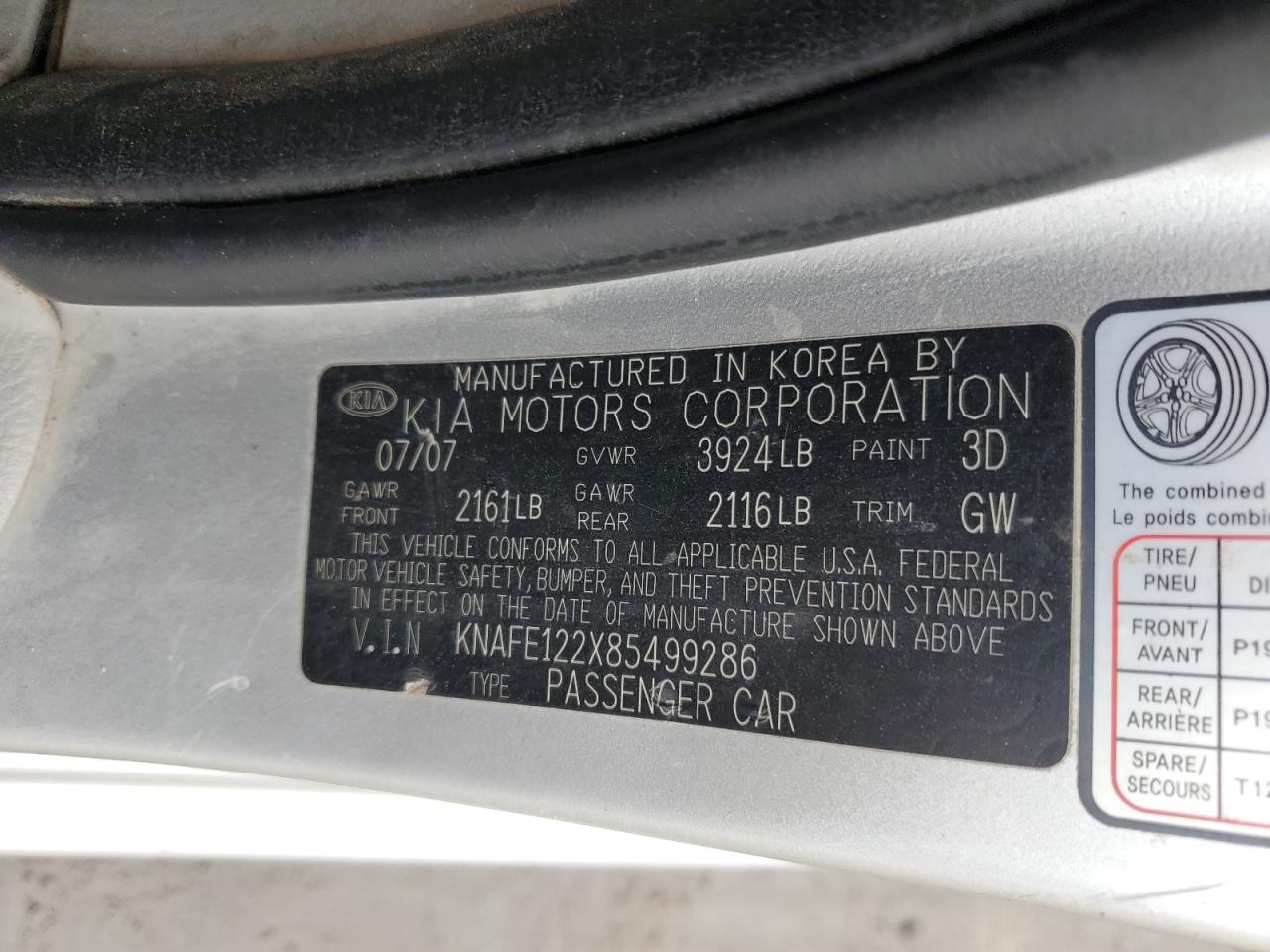 2008 Kia Spectra Ex VIN: KNAFE122X85499286 Lot: 93281425