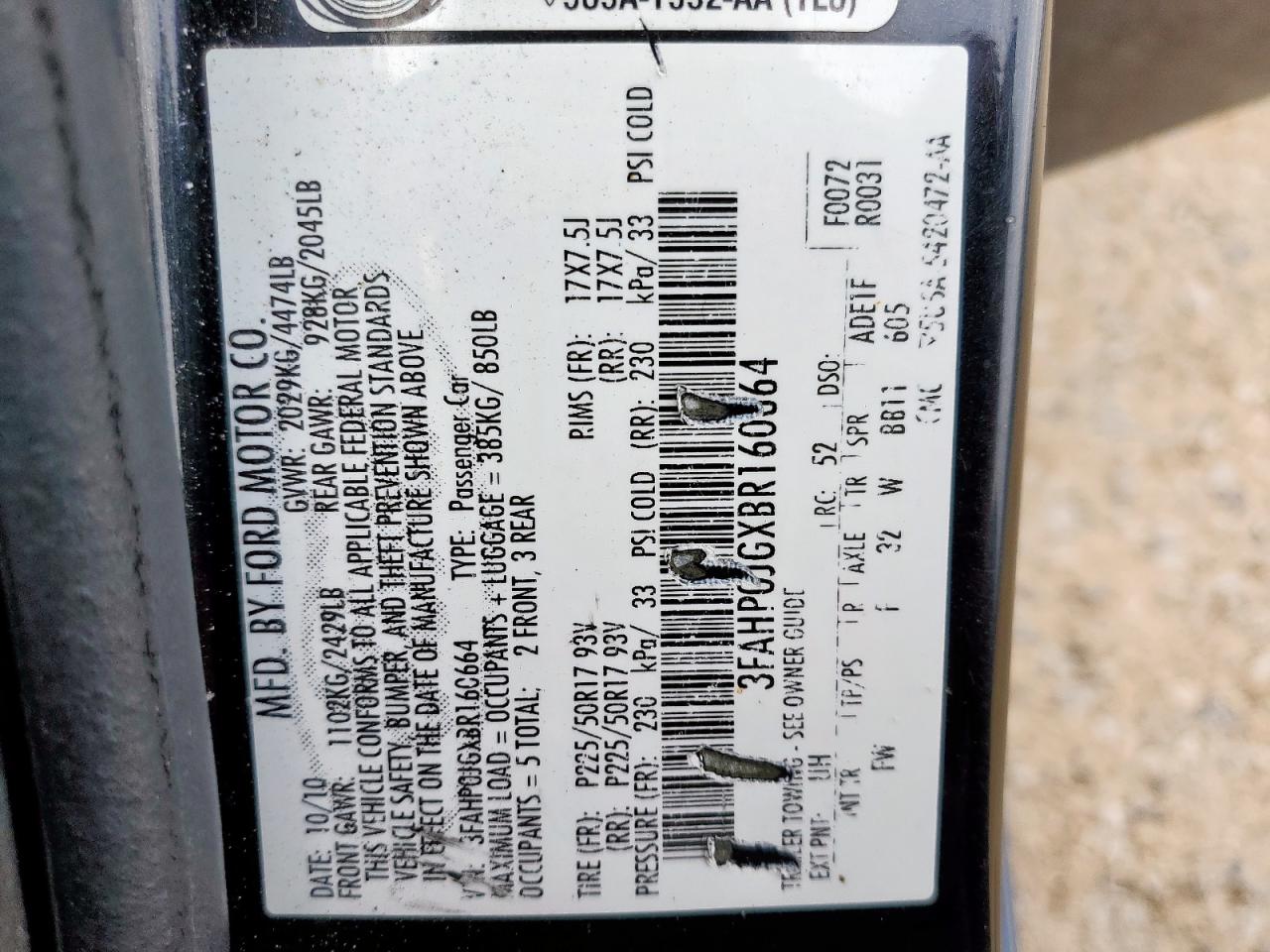 2011 Ford Fusion Sel VIN: 3FAHP0JGXBR160664 Lot: 93266815