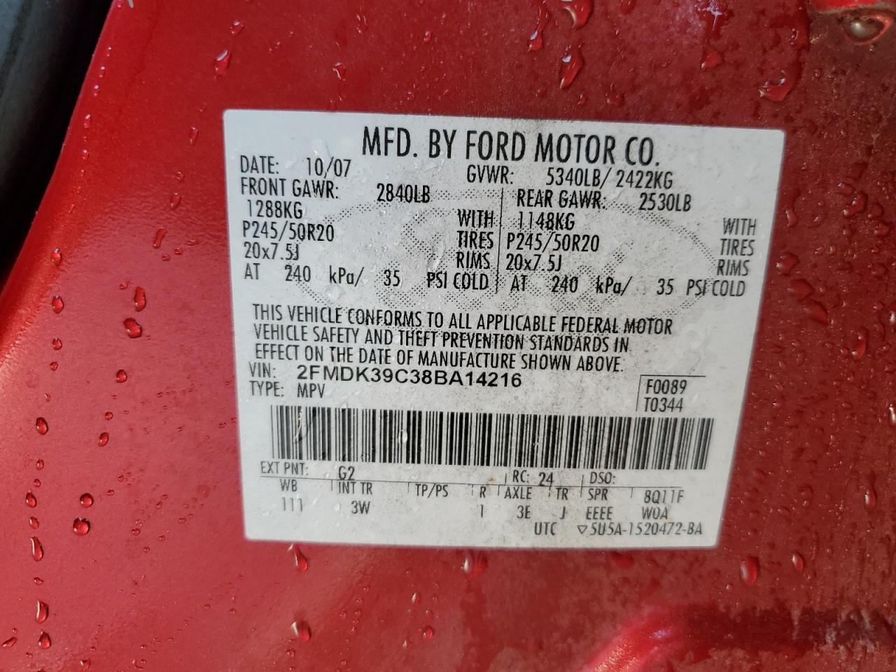 2008 Ford Edge Limited VIN: 2FMDK39C38BA14216 Lot: 93471835