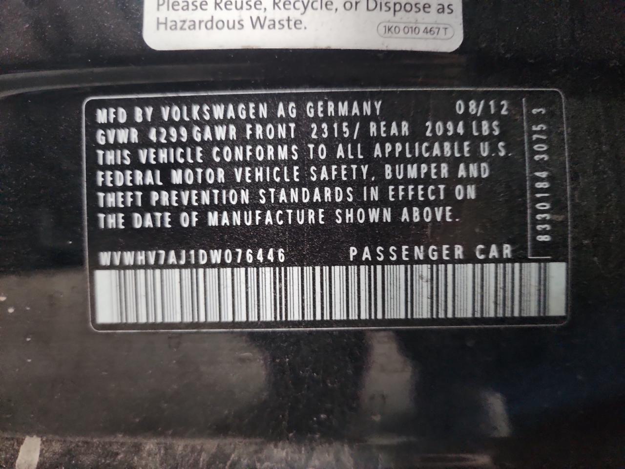 2013 Volkswagen Gti VIN: WVWHV7AJ1DW076446 Lot: 92907705