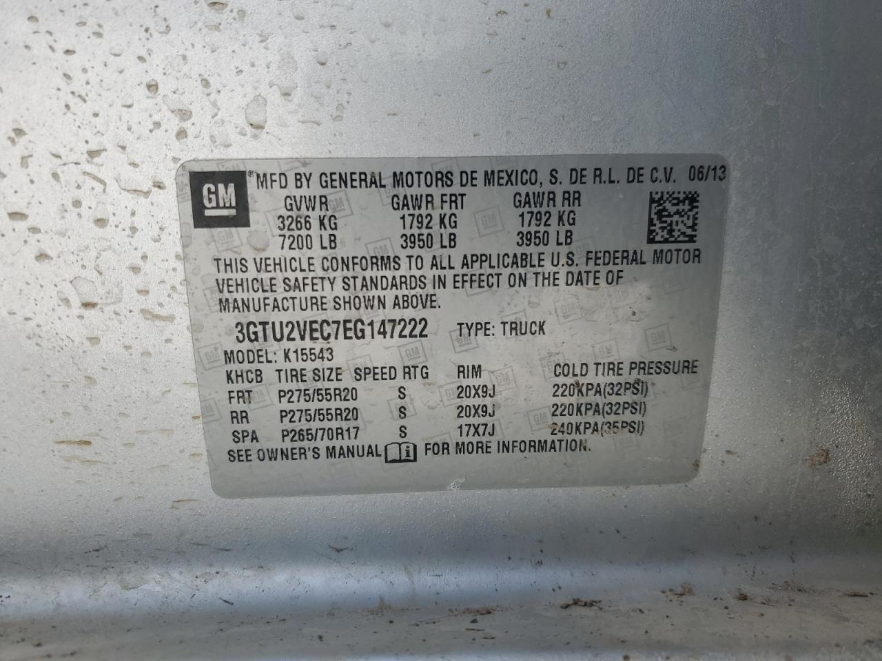 2014 GMC Sierra K1500 Slt VIN: 3GTU2VEC7EG147222 Lot: 89934825