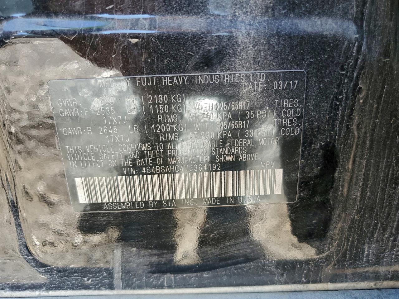 2017 Subaru Outback 2.5I Premium VIN: 4S4BSAHC4H3364192 Lot: 94087175