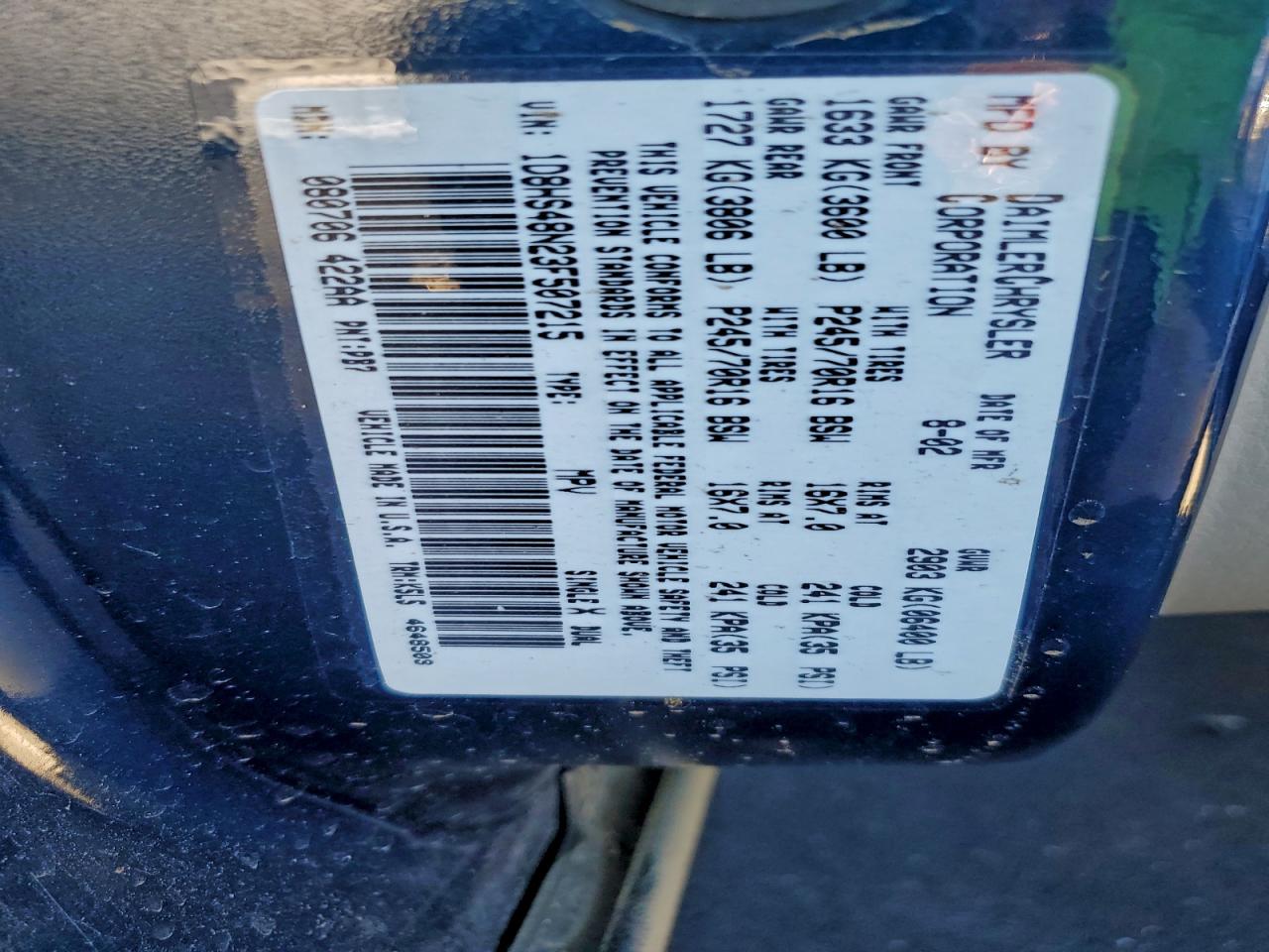 2003 Dodge Durango Slt VIN: 1D8HS48N23F507215 Lot: 93572215