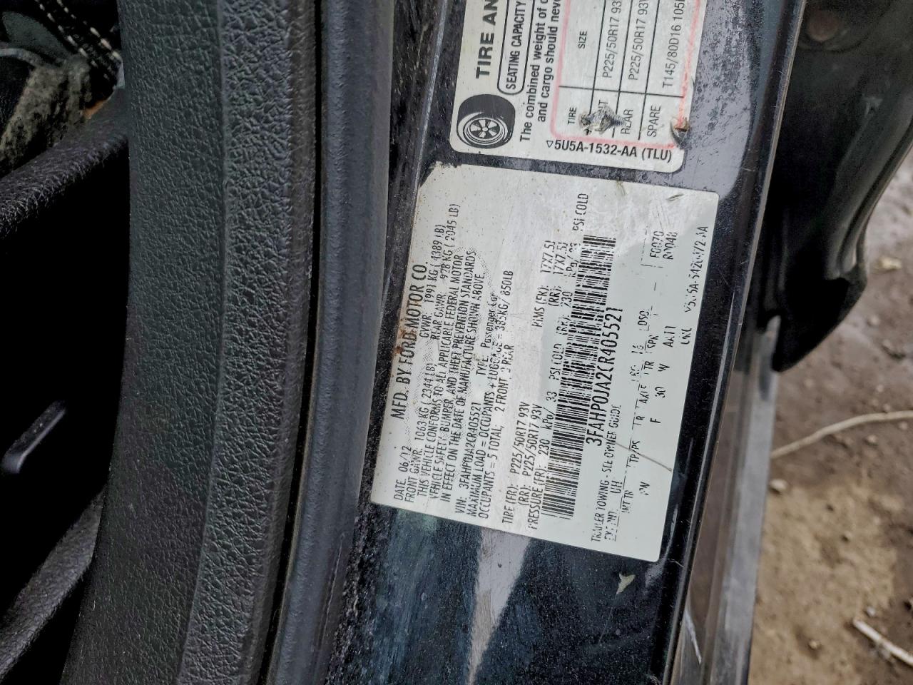 2012 Ford Fusion Sel VIN: 3FAHP0JA2CR405521 Lot: 94330805