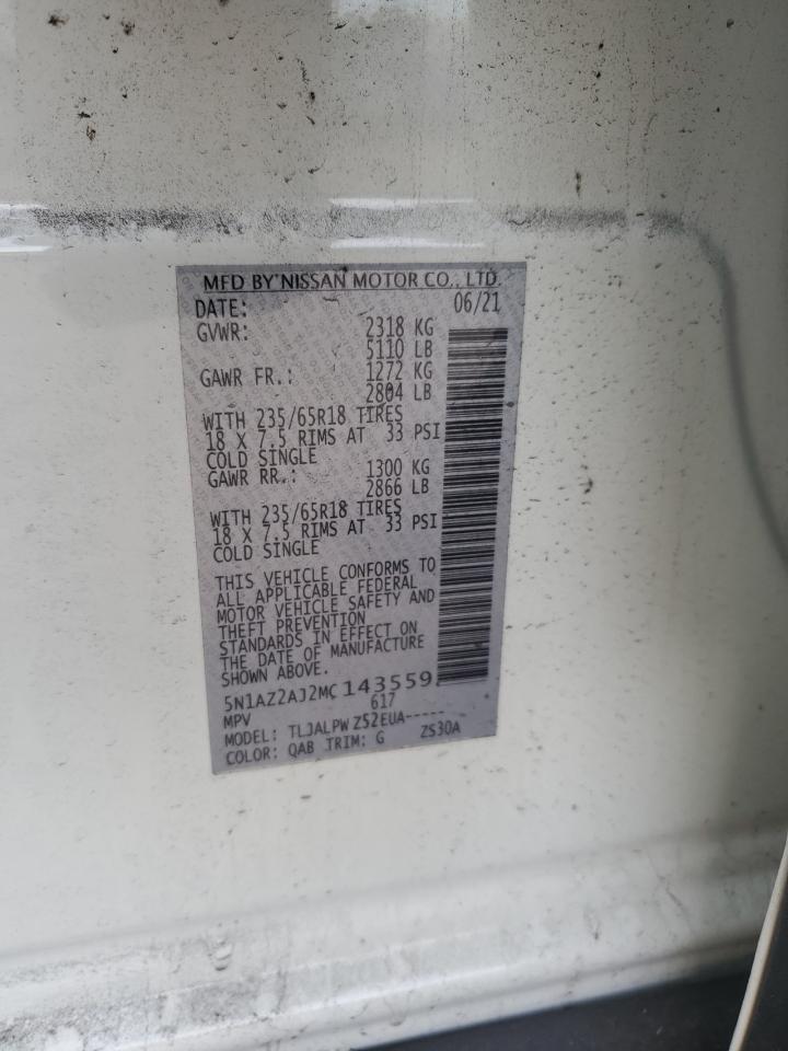 2021 Nissan Murano S VIN: 5N1AZ2AJ2MC143559 Lot: 91009945