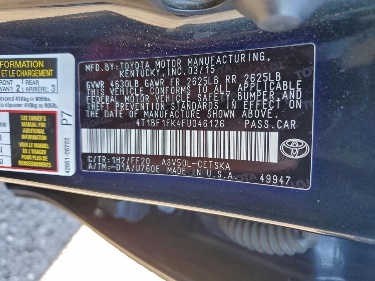 2015 Toyota Camry Le VIN: 4T1BF1FK4FU046126 Lot: 94690025