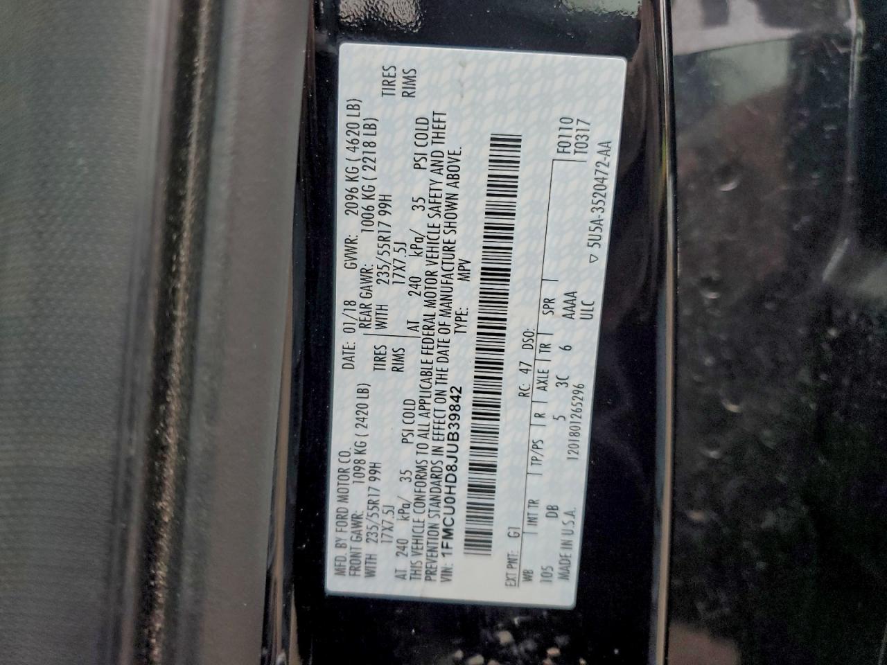 2018 Ford Escape Sel VIN: 1FMCU0HD8JUB39842 Lot: 94235505