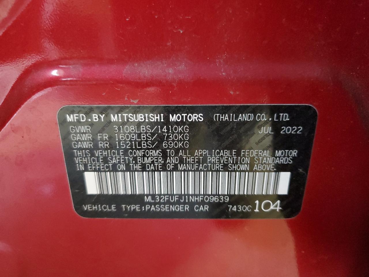 2022 Mitsubishi Mirage G4 Es VIN: ML32FUFJ1NHF09639 Lot: 93202645