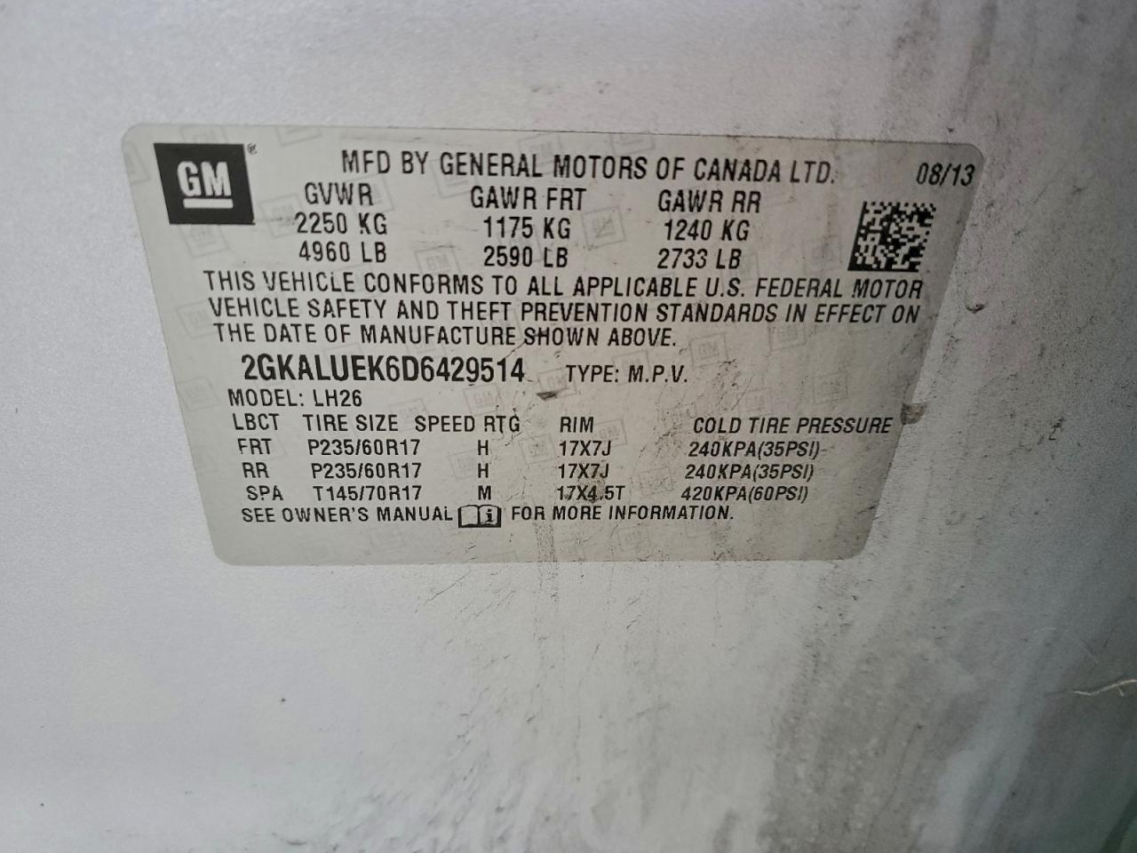 2013 GMC Terrain Slt VIN: 2GKALUEK6D6429514 Lot: 93391055