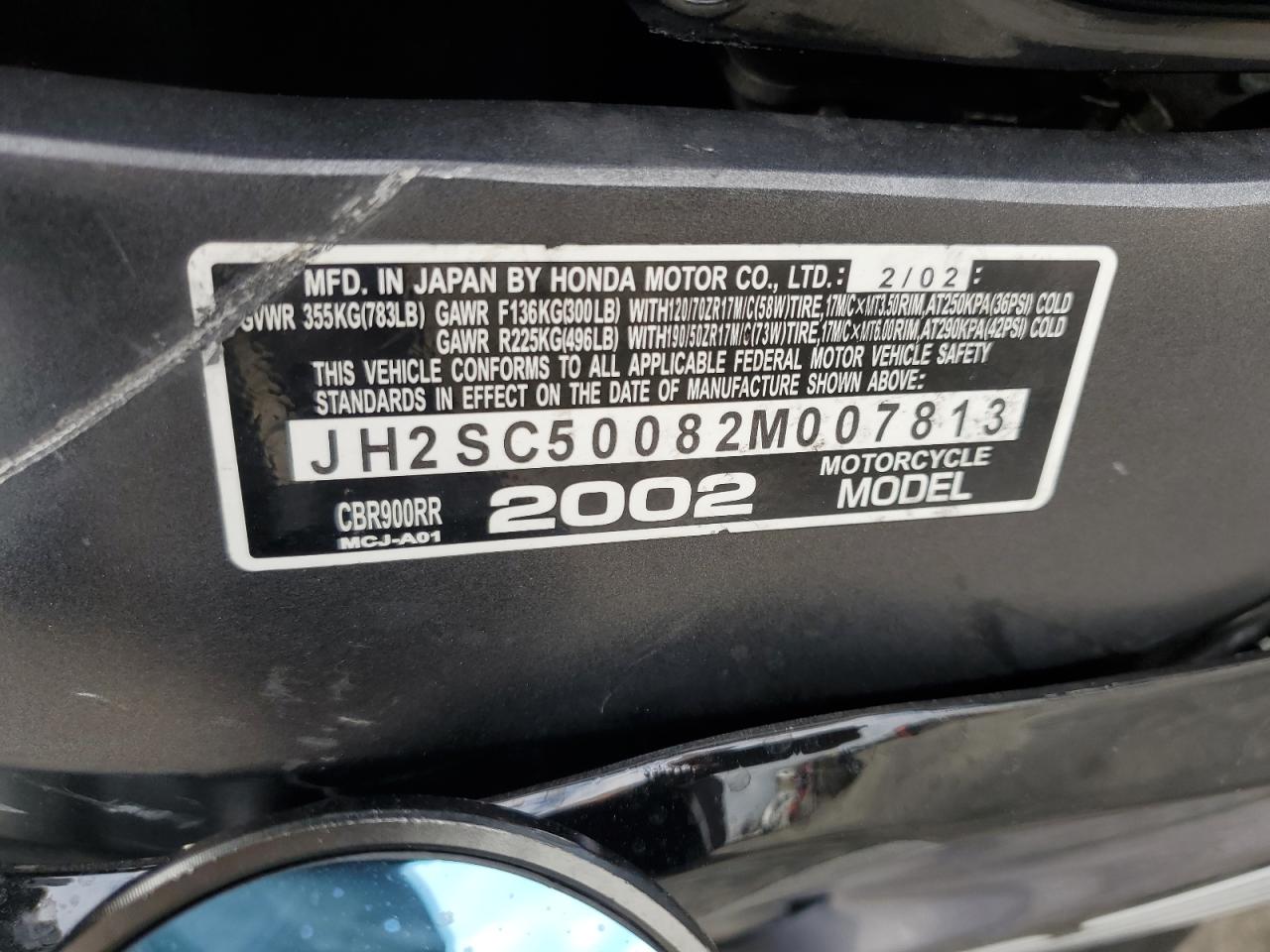 2002 Honda Cbr900 Rr VIN: JH2SC50082M007813 Lot: 91670145