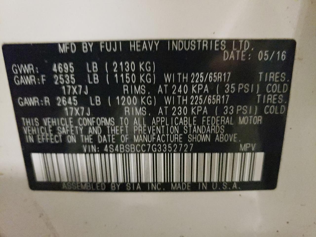 2016 Subaru Outback 2.5I Premium VIN: 4S4BSBCC7G3352727 Lot: 93332765