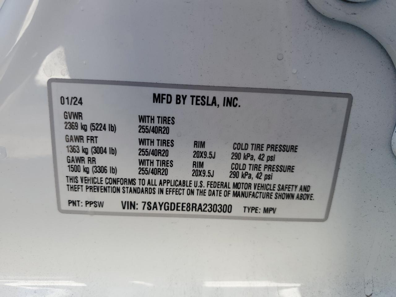 2024 Tesla Model Y VIN: 7SAYGDEE8RA230300 Lot: 93418345