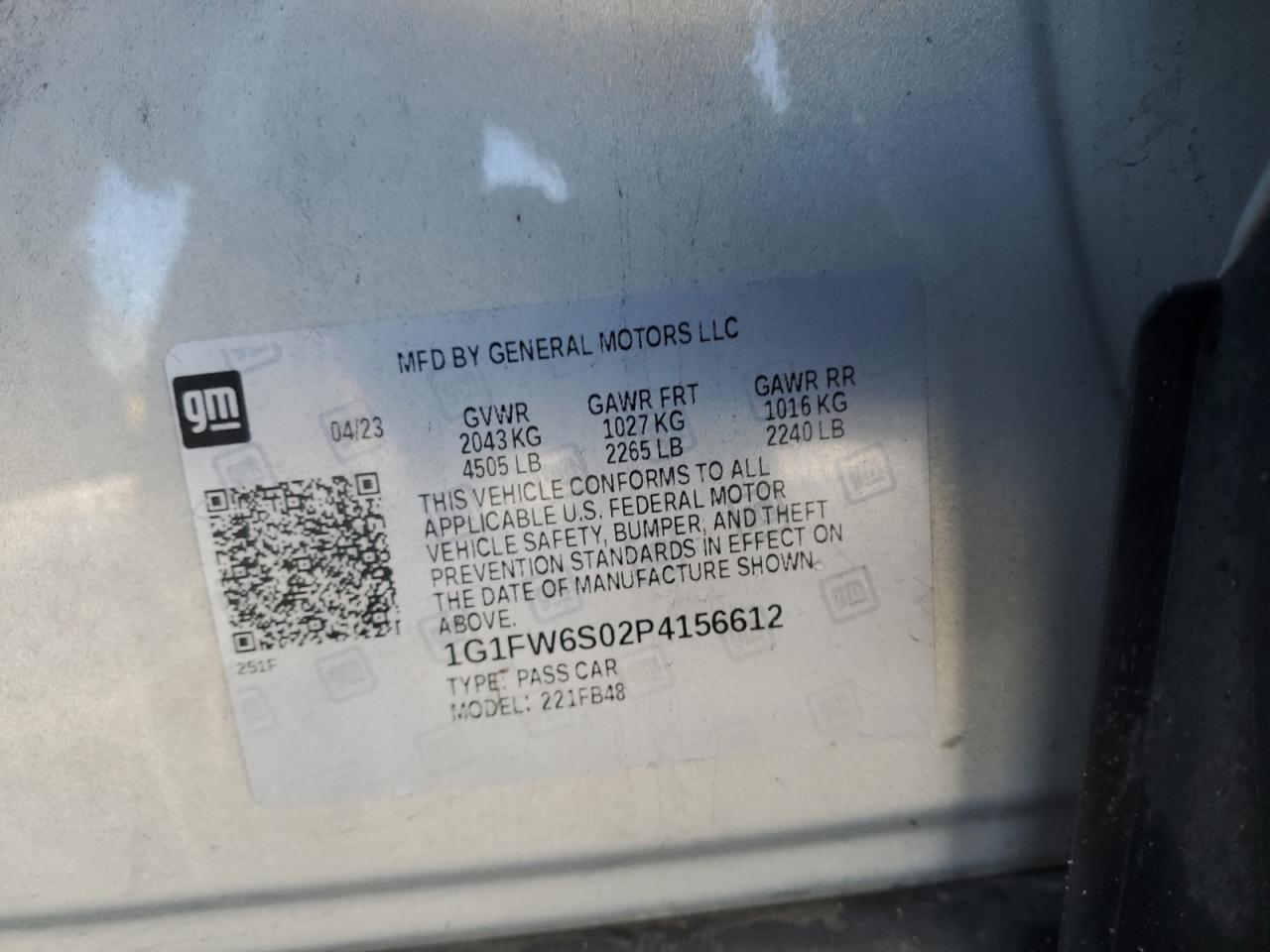 2023 Chevrolet Bolt Ev 1Lt VIN: 1G1FW6S02P4156612 Lot: 91449505