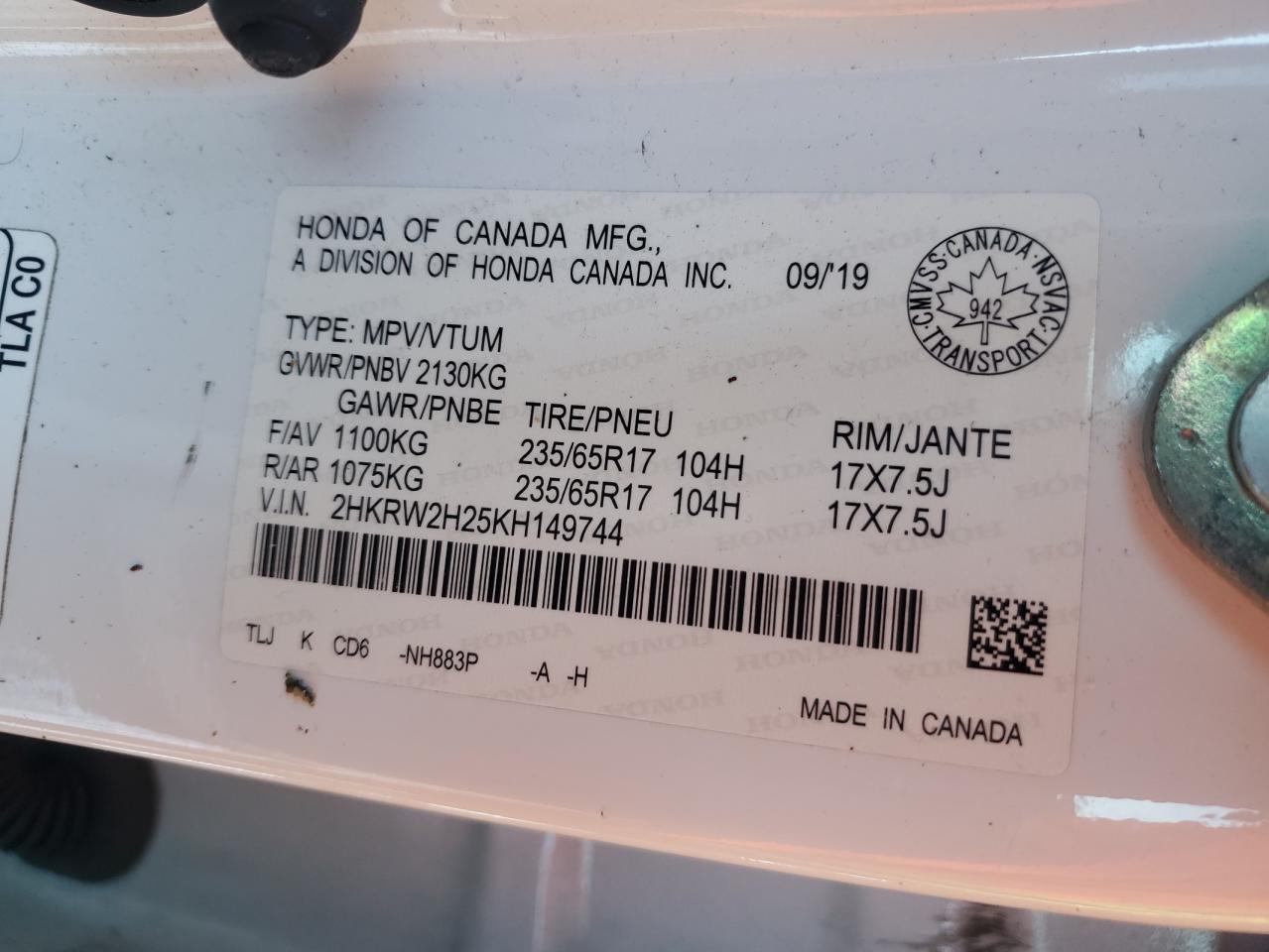 2019 Honda Cr-V Lx VIN: 2HKRW2H25KH149744 Lot: 93374195