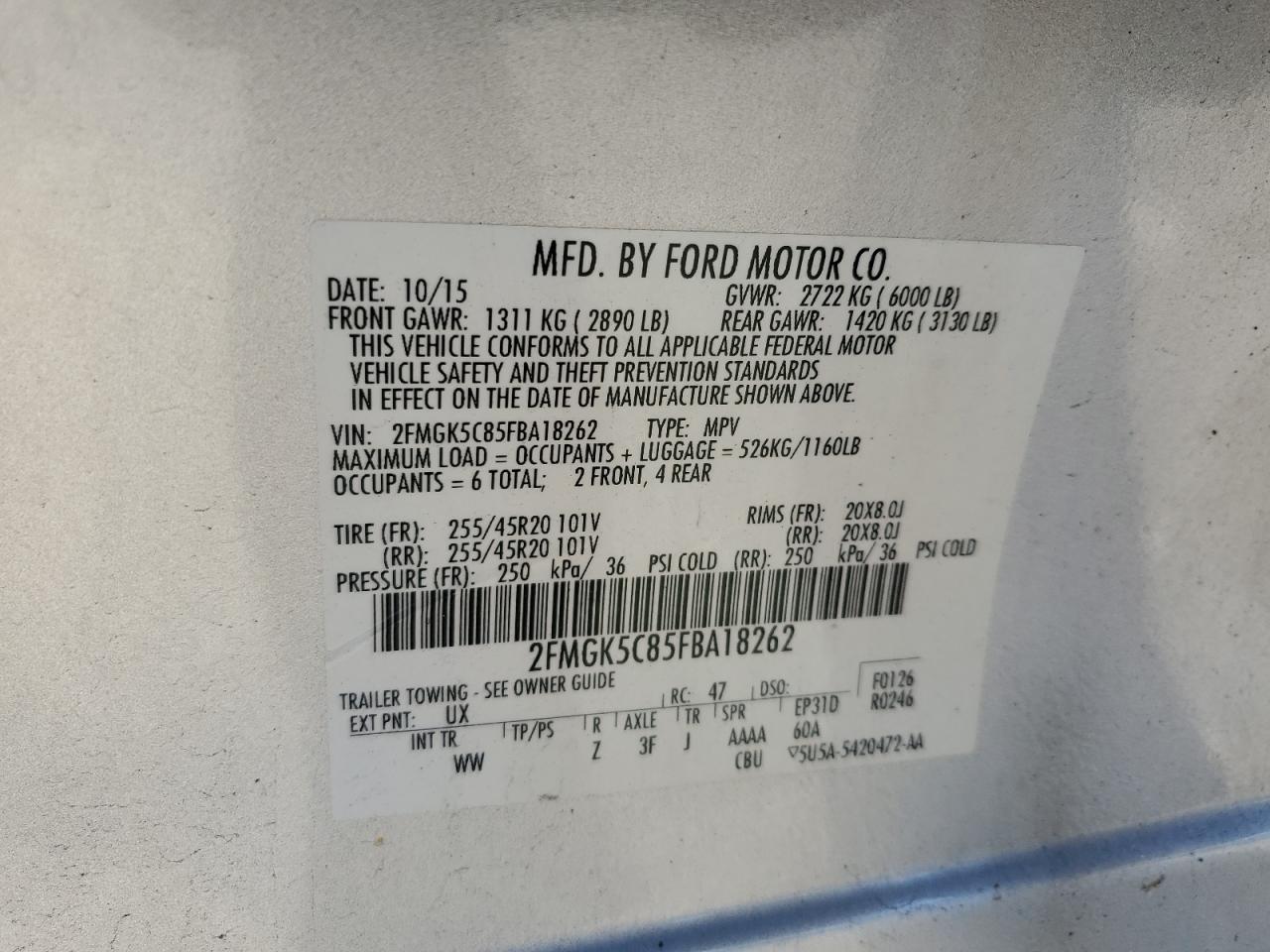 2015 Ford Flex Sel VIN: 2FMGK5C85FBA18262 Lot: 91640565