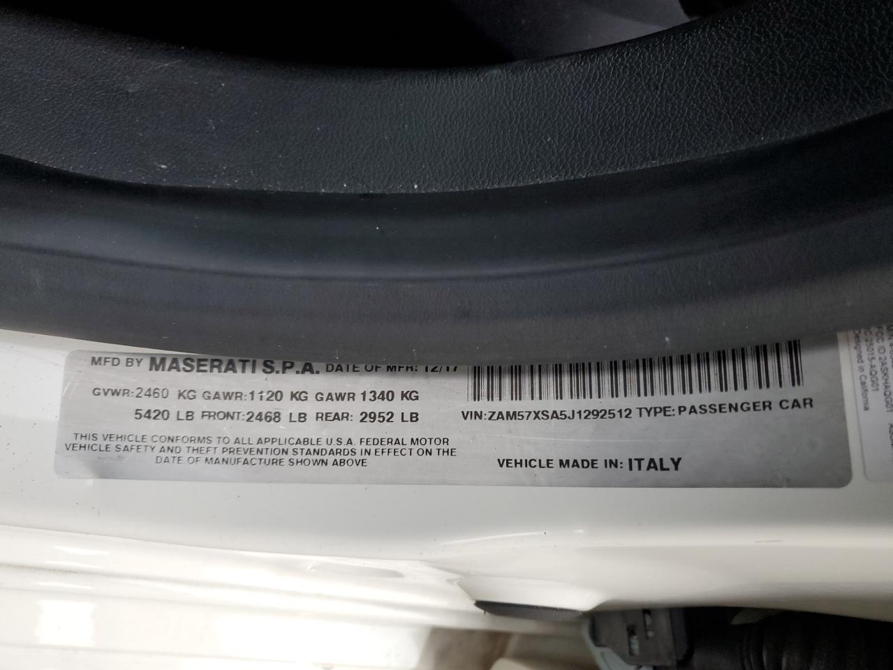 2018 Maserati Ghibli VIN: ZAM57XSA5J1292512 Lot: 92259795