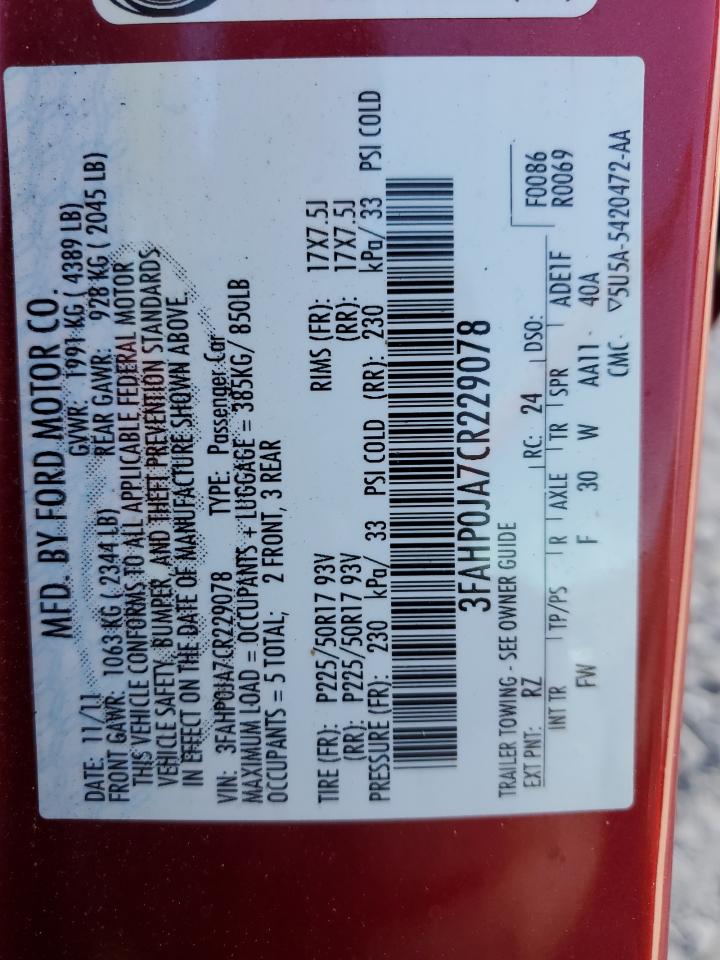 2012 Ford Fusion Sel VIN: 3FAHP0JA7CR229078 Lot: 92087525