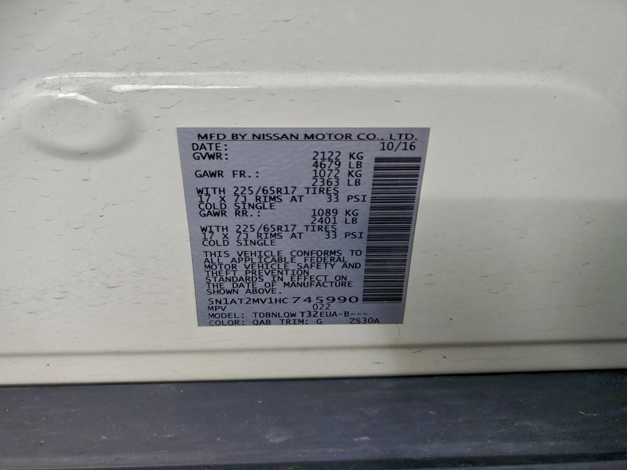 2017 Nissan Rogue Sv VIN: 5N1AT2MV1HC745990 Lot: 93699315