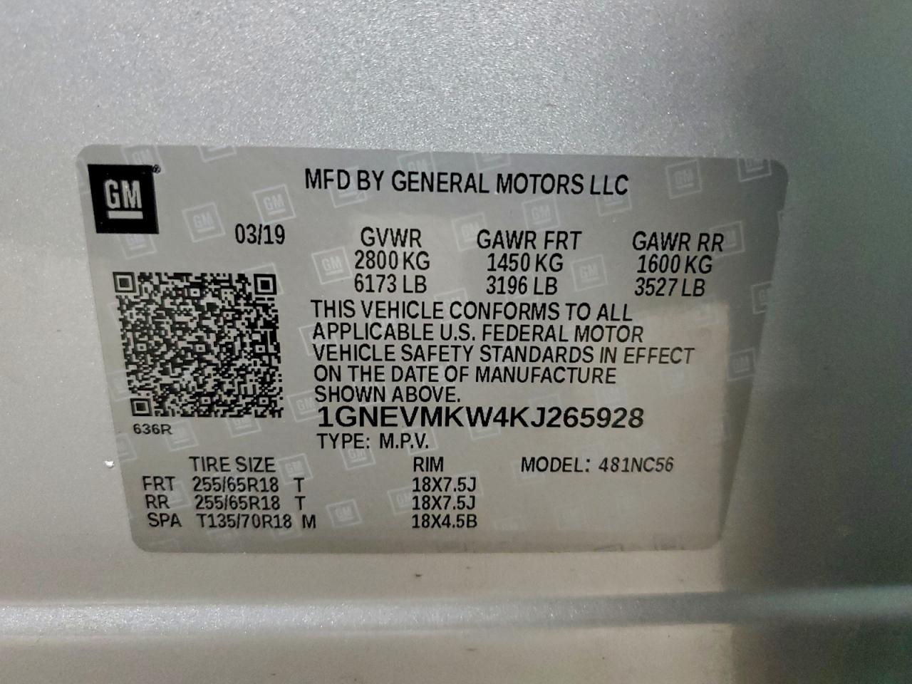 2019 Chevrolet Traverse Lt VIN: 1GNEVMKW4KJ265928 Lot: 93875365