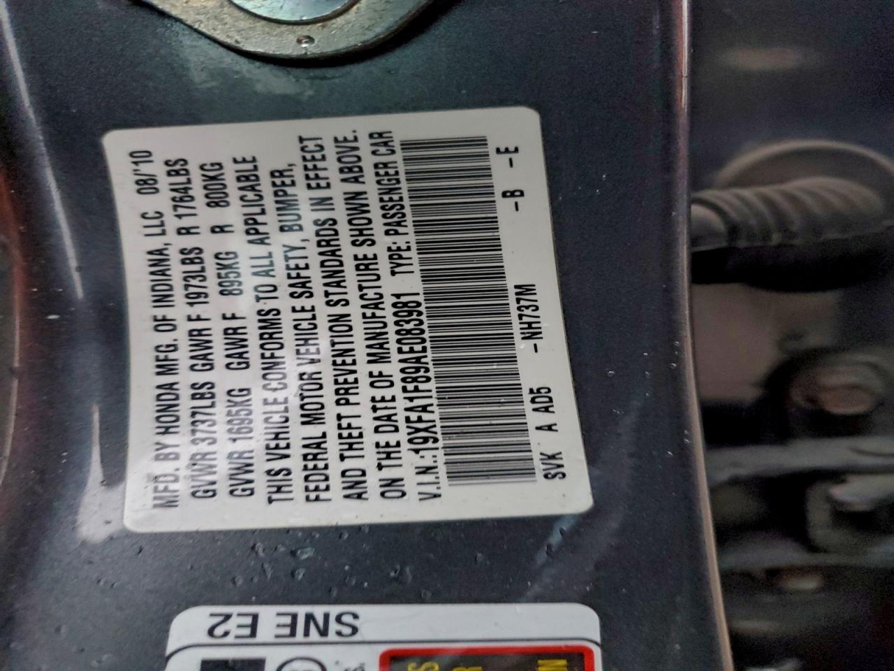 2010 Honda Civic Ex VIN: 19XFA1F89AE083981 Lot: 94070235