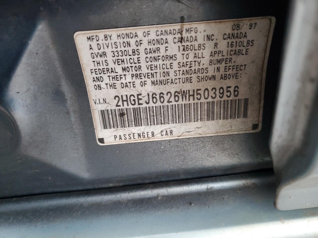 1998 Honda Civic Dx VIN: 2HGEJ6626WH503956 Lot: 92902565