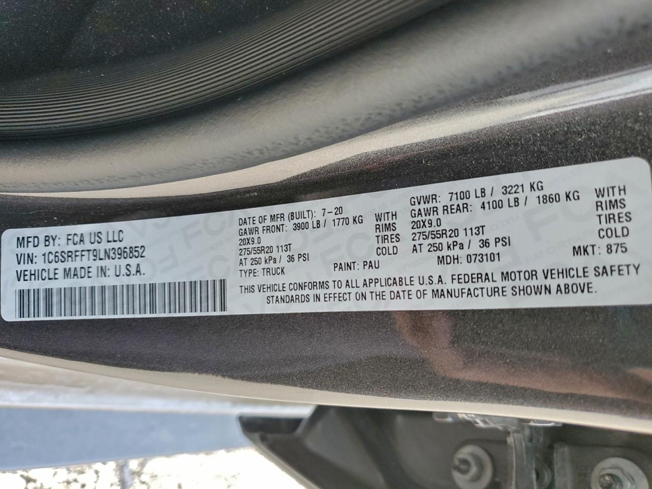 2020 Ram 1500 Big Horn/Lone Star VIN: 1C6SRFFT9LN396852 Lot: 93303665