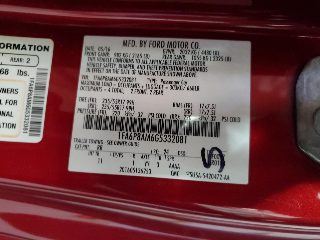 2016 Ford Mustang VIN: 1FA6P8AM6G5332081 Lot: 93616465