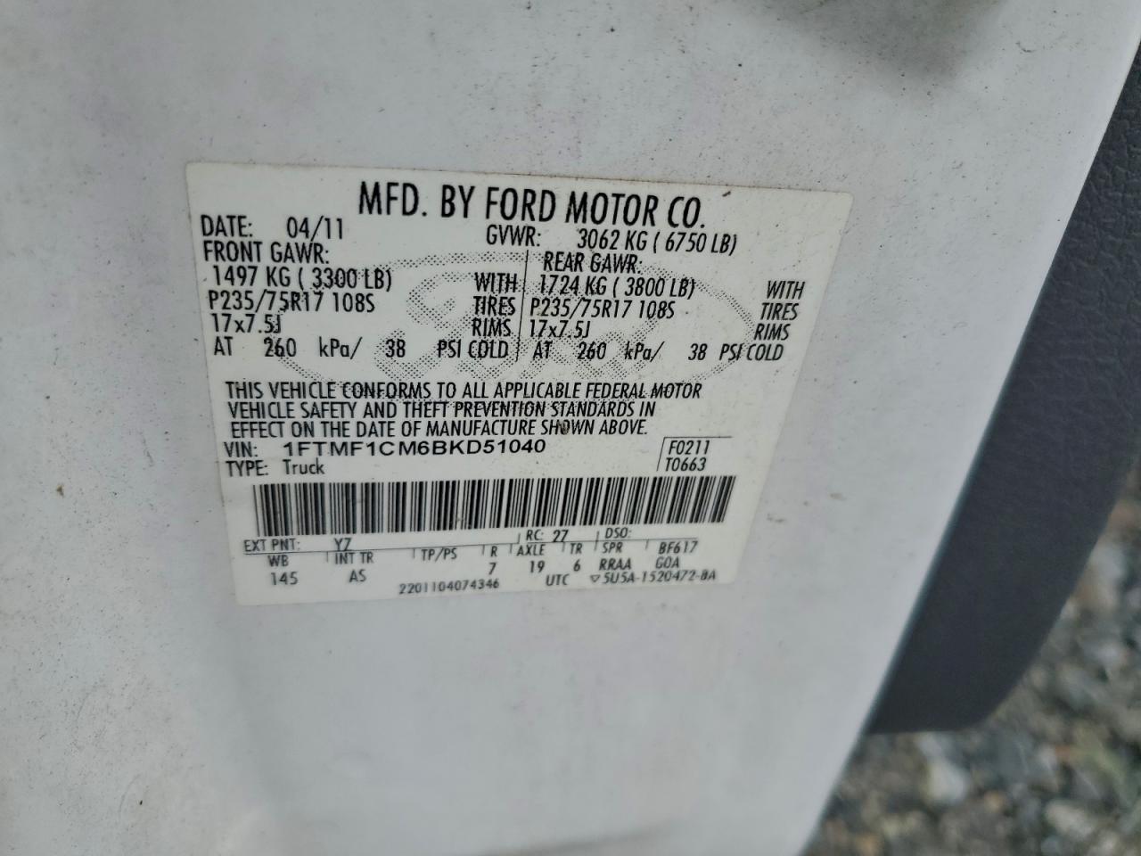 2011 Ford F150 VIN: 1FTMF1CM6BKD51040 Lot: 91669425