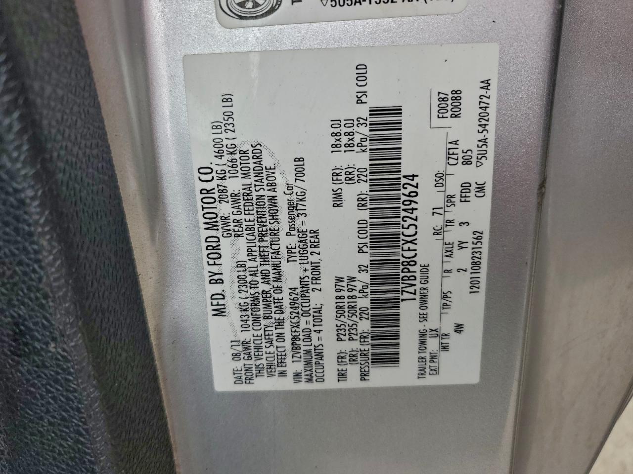 2012 Ford Mustang Gt VIN: 1ZVBP8CFXC5249624 Lot: 94099735