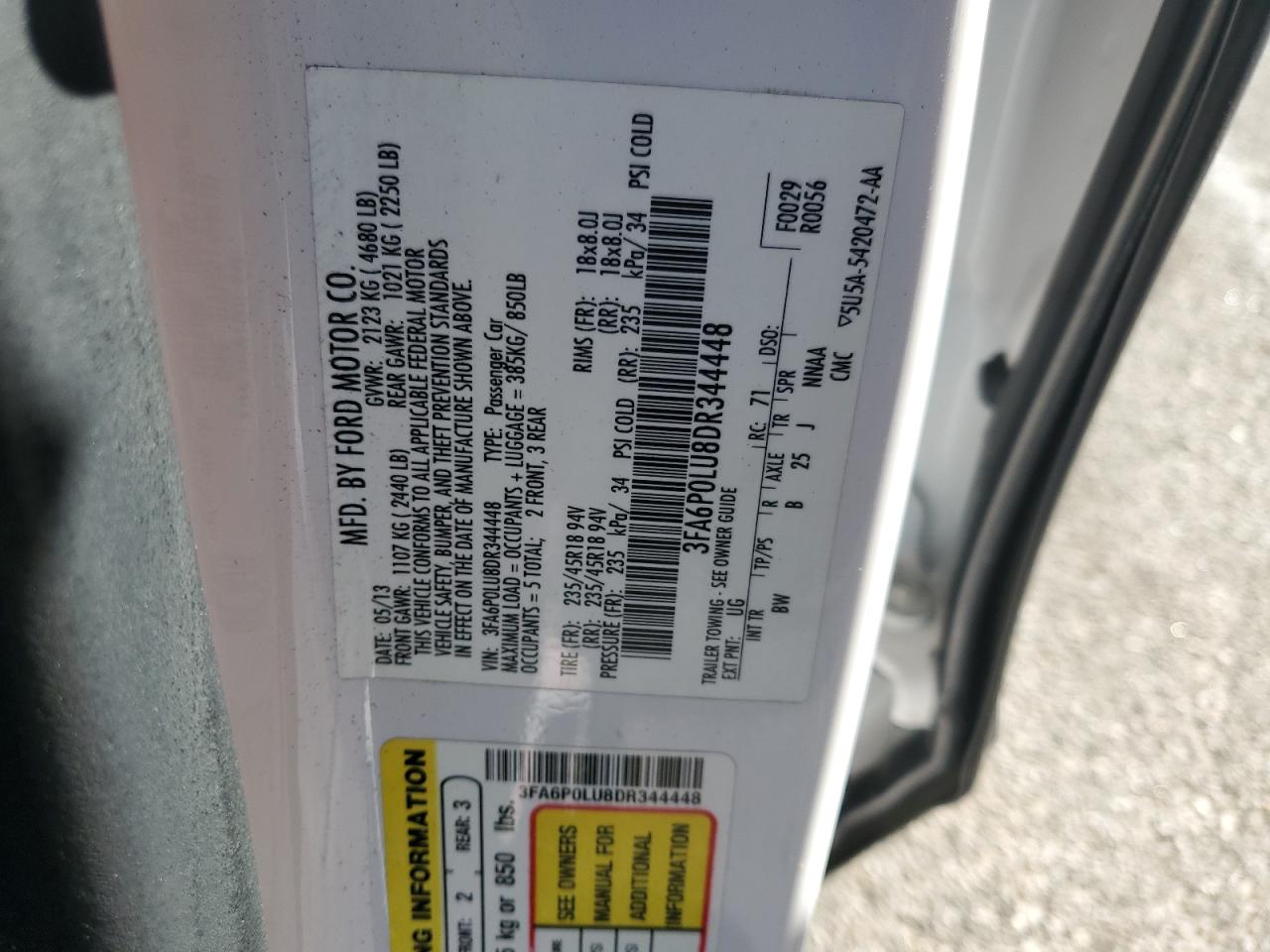 2013 Ford Fusion Se Hybrid VIN: 3FA6P0LU8DR344448 Lot: 91439005