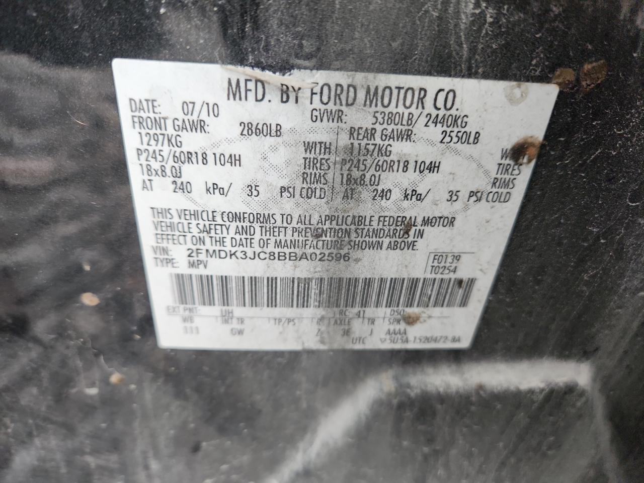 2011 Ford Edge Sel VIN: 2FMDK3JC8BBA02596 Lot: 93192345