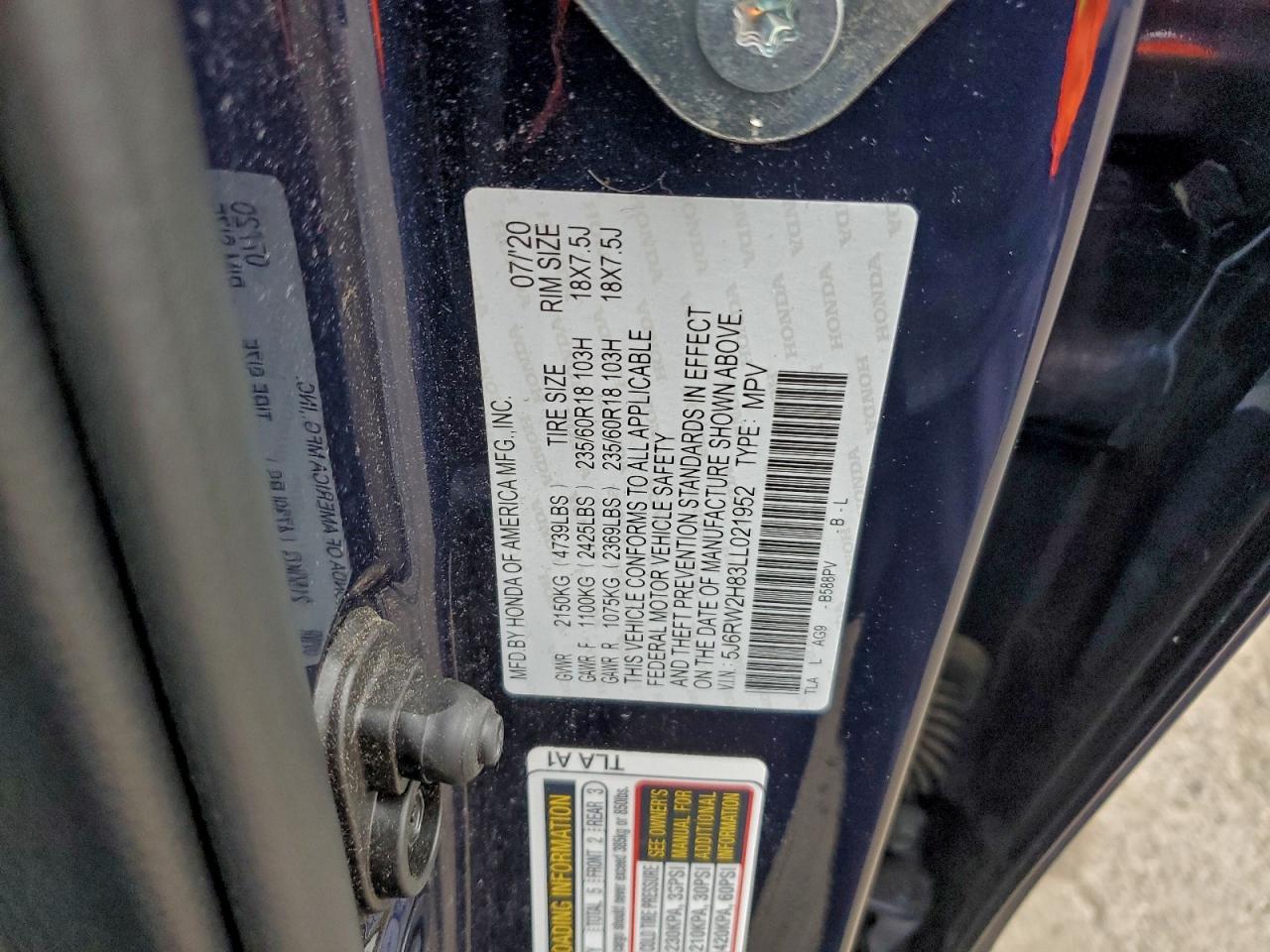 2020 Honda Cr-V Exl VIN: 5J6RW2H83LL021952 Lot: 93724275