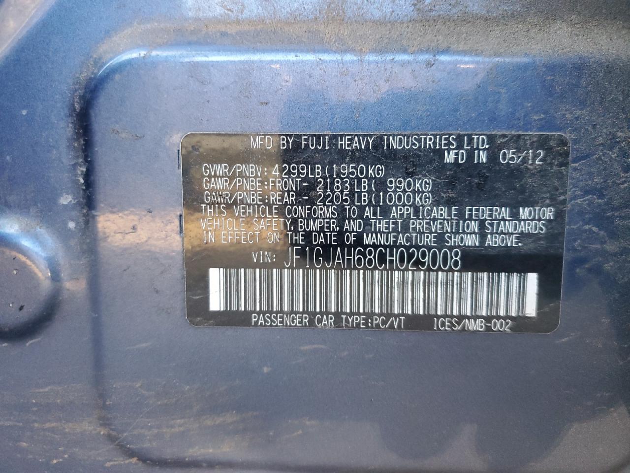 2012 Subaru Impreza Limited VIN: JF1GJAH68CH029008 Lot: 93194975