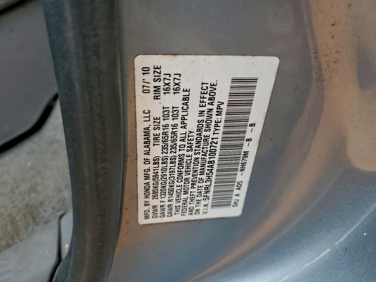 2010 Honda Odyssey Ex VIN: 5FNRL3H54AB100721 Lot: 93058125