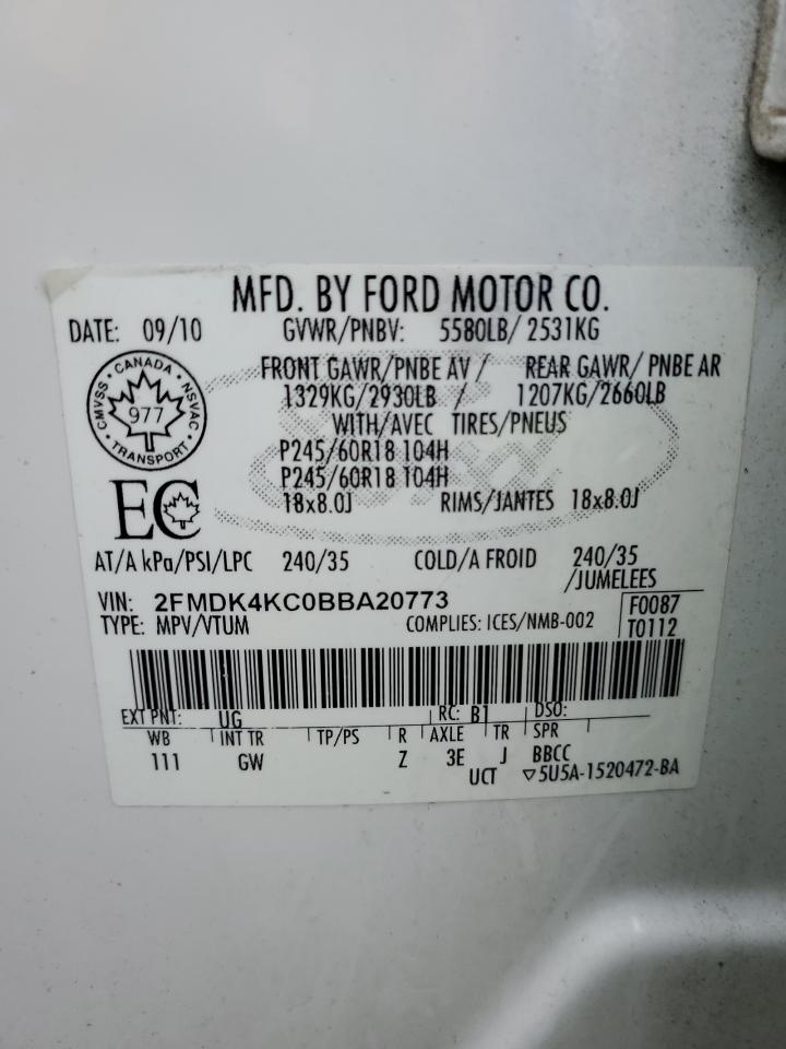 2011 Ford Edge Limited VIN: 2FMDK4KC0BBA20773 Lot: 91178655