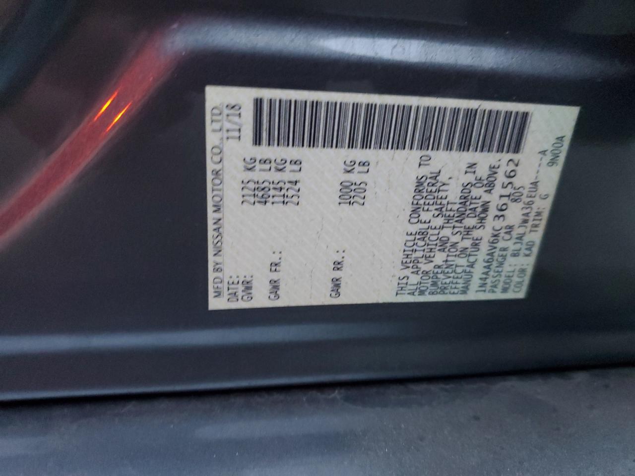 2019 Nissan Maxima S VIN: 1N4AA6AV6KC361562 Lot: 92591705