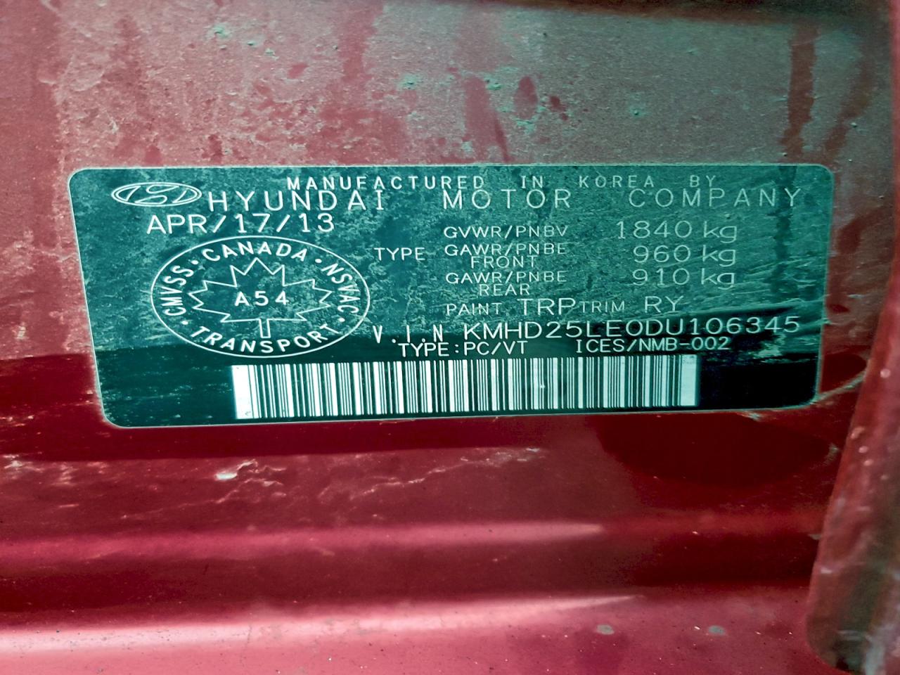 2013 Hyundai Elantra Gt VIN: KMHD25LE0DU106345 Lot: 94310995