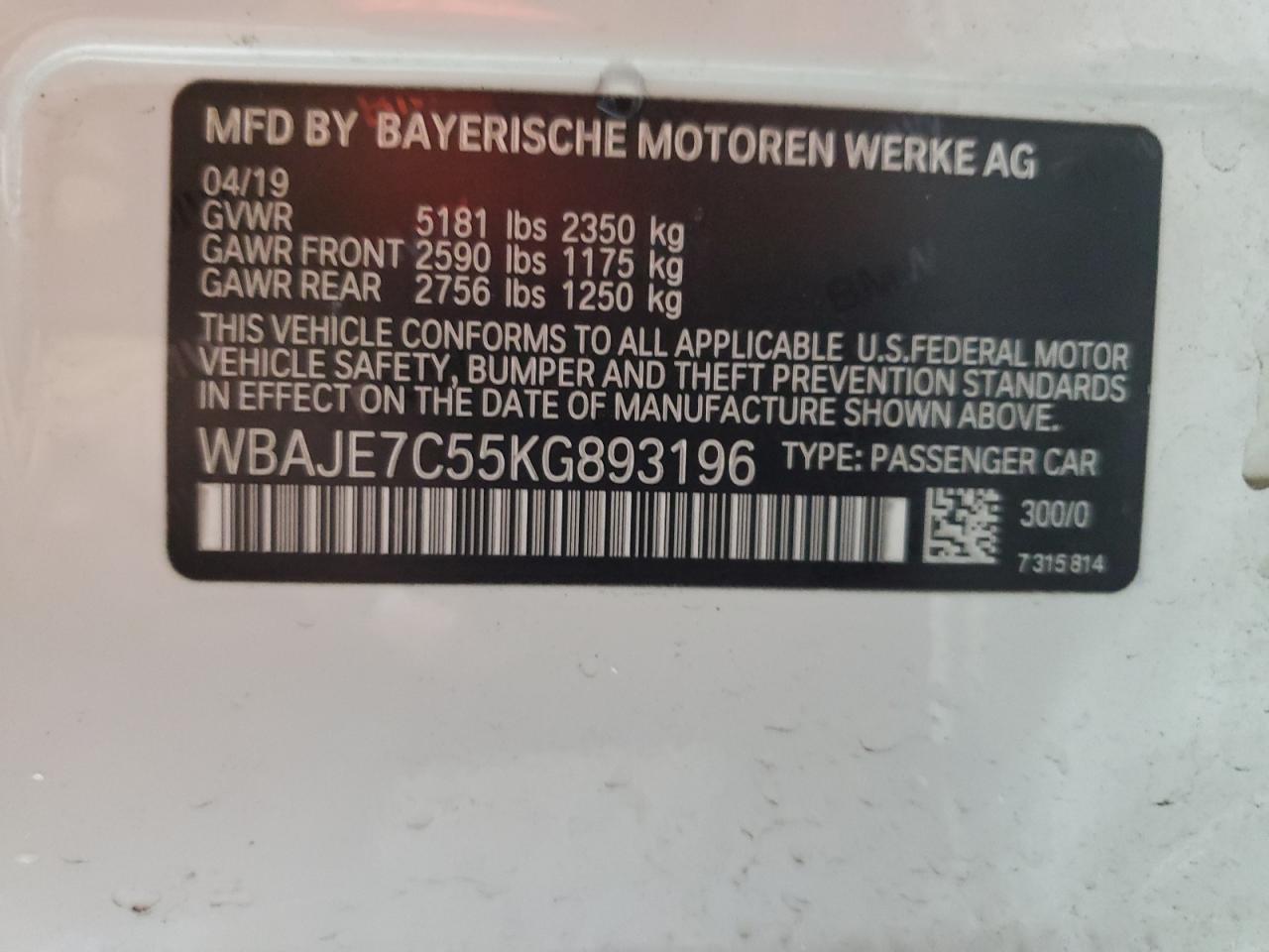 2019 BMW 540 Xi VIN: WBAJE7C55KG893196 Lot: 85929805