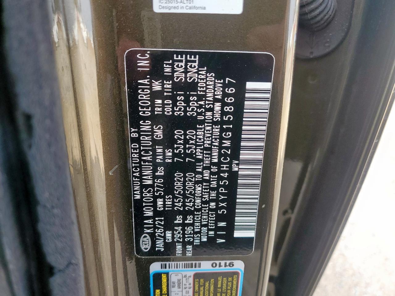 2021 Kia Telluride Sx VIN: 5XYP54HC2MG158667 Lot: 92657715