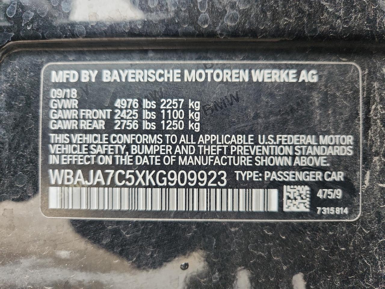 2019 BMW 530 Xi VIN: WBAJA7C5XKG909923 Lot: 92396785