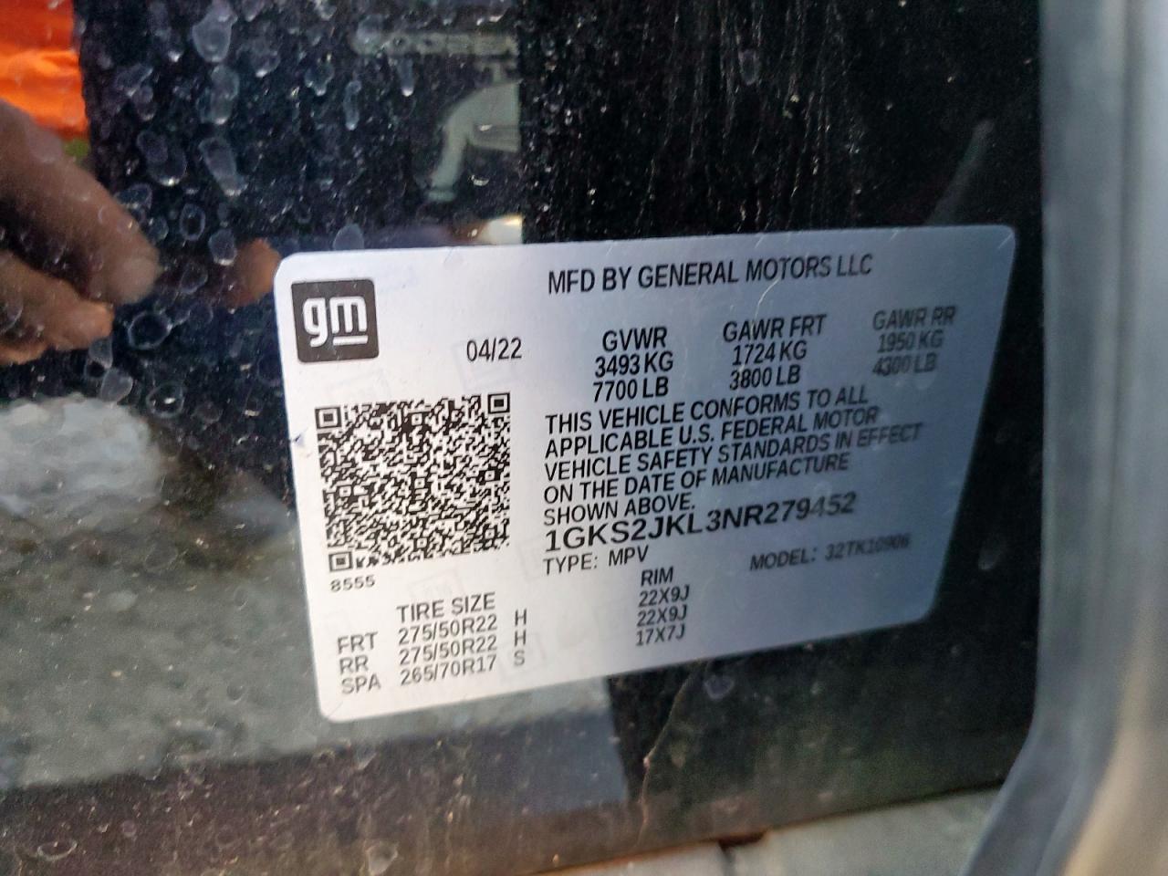 2022 GMC Yukon Xl Denali VIN: 1GKS2JKL3NR279452 Lot: 92128665