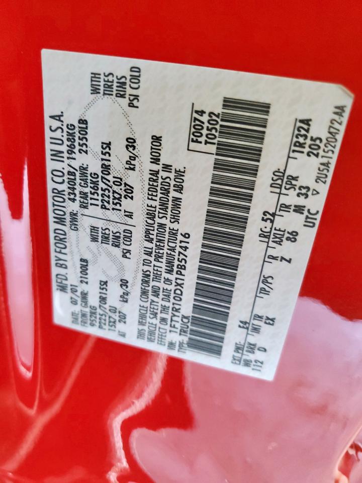 2001 Ford Ranger VIN: 1FTYR10DX1PB57416 Lot: 91187275