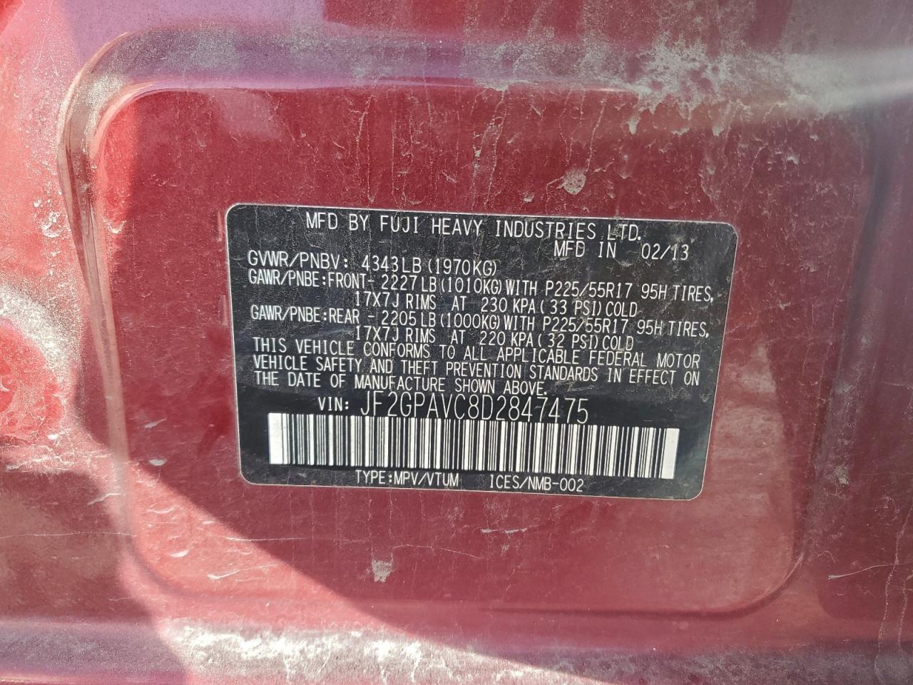 2013 Subaru Xv Crosstrek 2.0 Premium VIN: JF2GPAVC8D2847475 Lot: 93866835