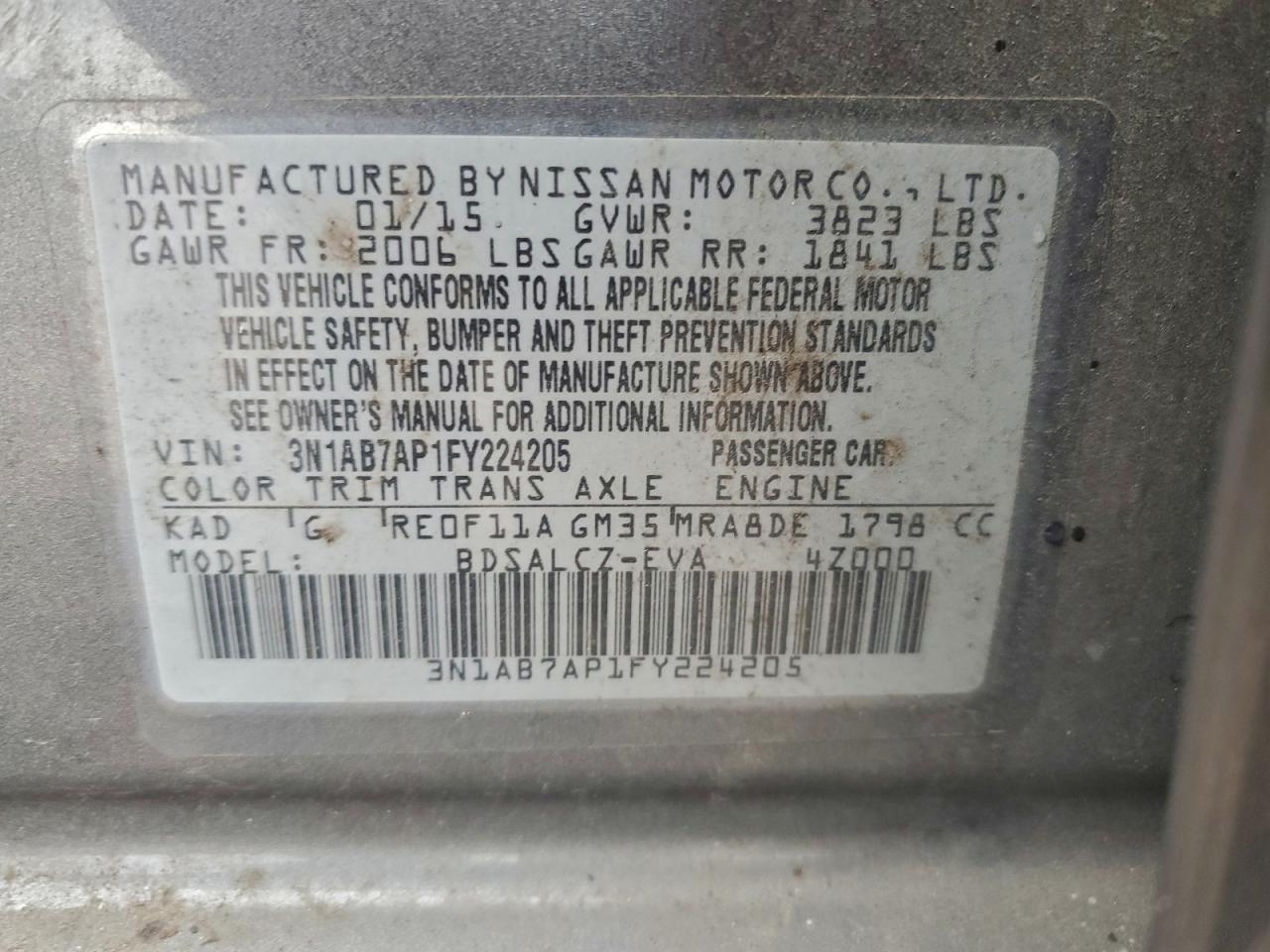 2015 Nissan Sentra S VIN: 3N1AB7AP1FY224205 Lot: 93881675