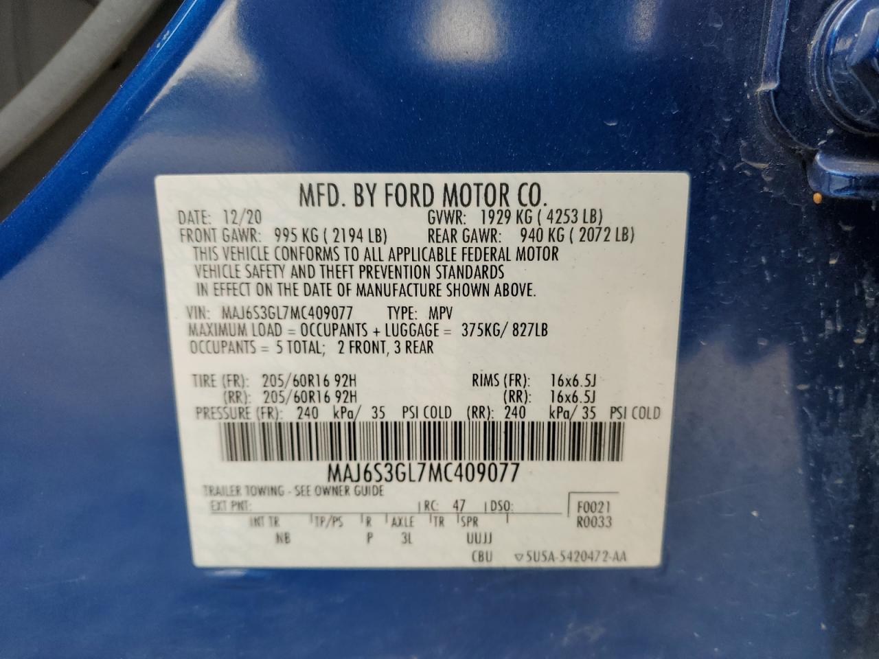 2021 Ford Ecosport Se VIN: MAJ6S3GL7MC409077 Lot: 92047065