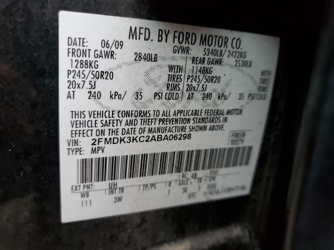 2010 Ford Edge Limited VIN: 2FMDK3KC2ABA06298 Lot: 93102265